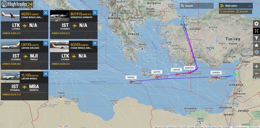 Lots of late night activity towards Libya tonight: 5 flights - 2 aircraft from Latakia and 3 from Istanbul